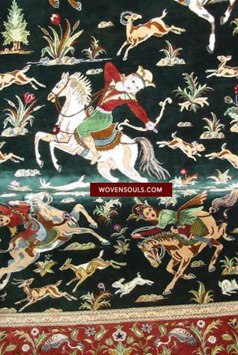436 SOLD Silk Hunting Rug - Figurative Qum with Gorgeous Faces - Gallery-2-WOVENSOULS-Antique-Vintage-Textiles-Art-Decor