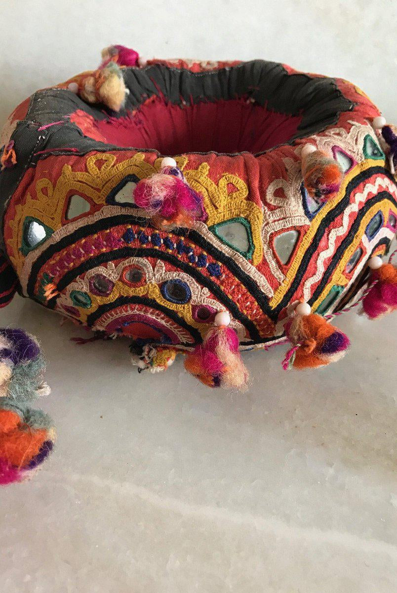 456 SOLD Vintage Indhoni Embroidered Pot Holder-WOVENSOULS-Antique-Vintage-Textiles-Art-Decor