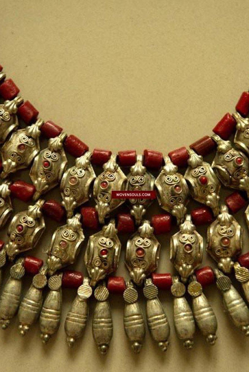 485 Rare Old Silver Heirloom Coral Necklace Jewelry from Chanthang Ladakh-WOVENSOULS-Antique-Vintage-Textiles-Art-Decor