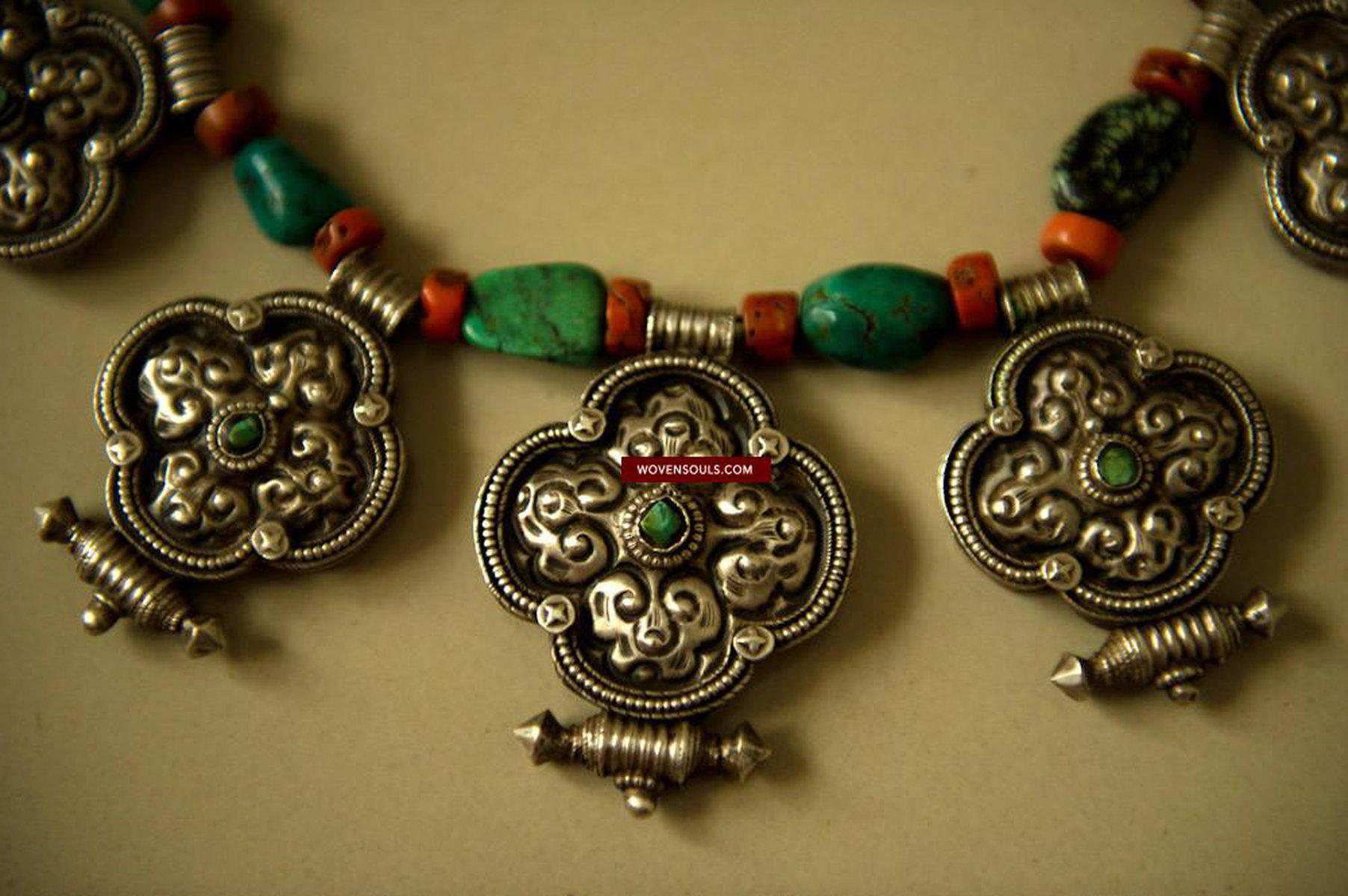 487 Heirloom, Coral, Silver & Turquoise Tibet Necklace-WOVENSOULS-Antique-Vintage-Textiles-Art-Decor