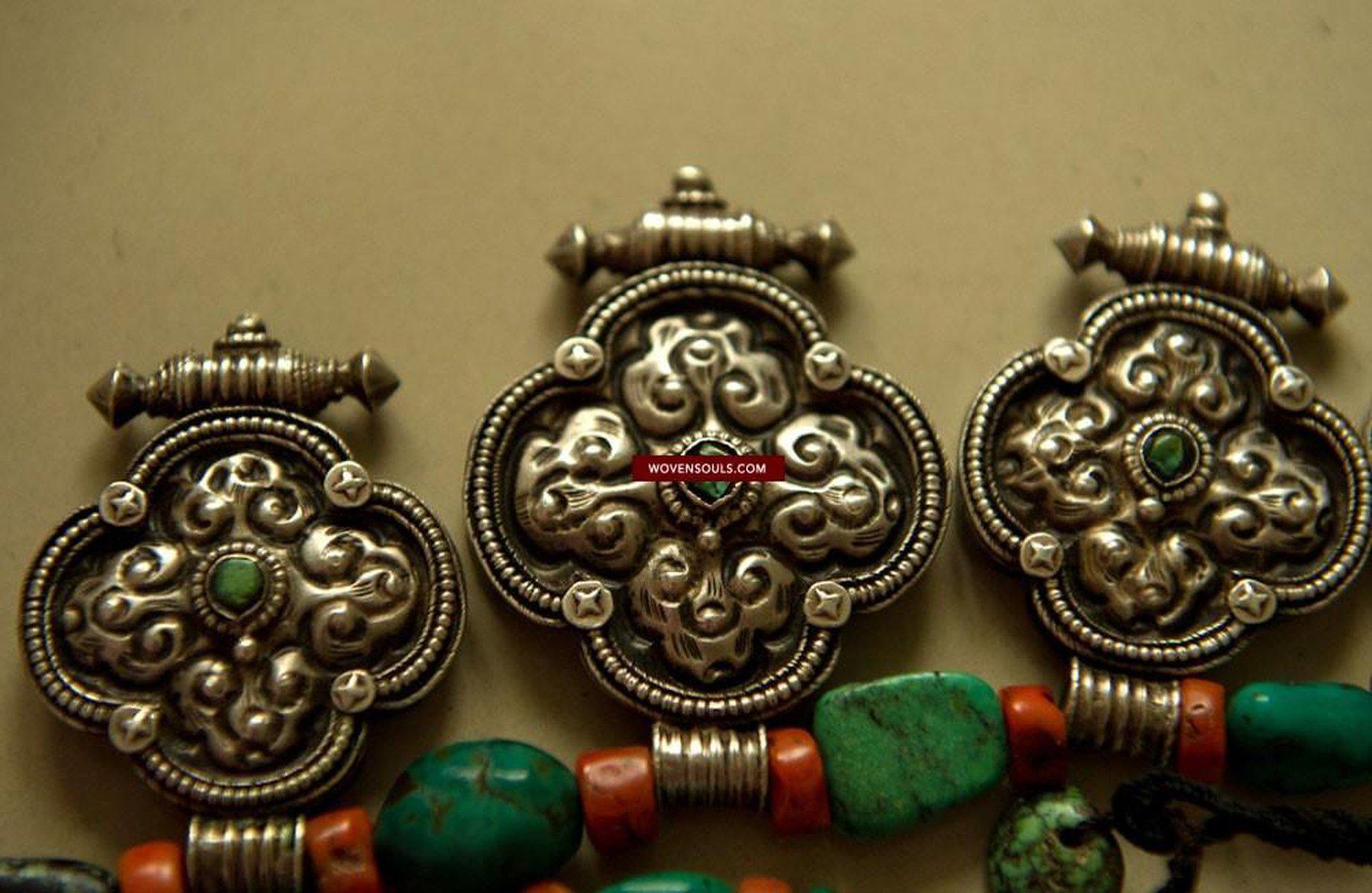 487 Heirloom, Coral, Silver & Turquoise Tibet Necklace-WOVENSOULS-Antique-Vintage-Textiles-Art-Decor