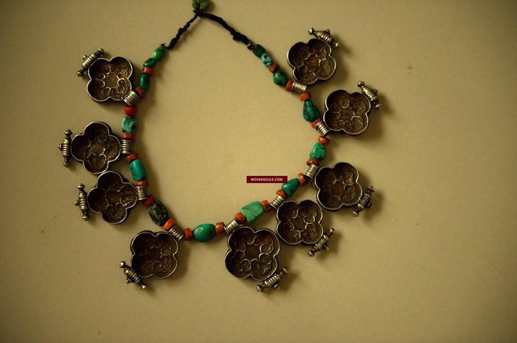 487 Heirloom, Coral, Silver & Turquoise Tibet Necklace-WOVENSOULS-Antique-Vintage-Textiles-Art-Decor