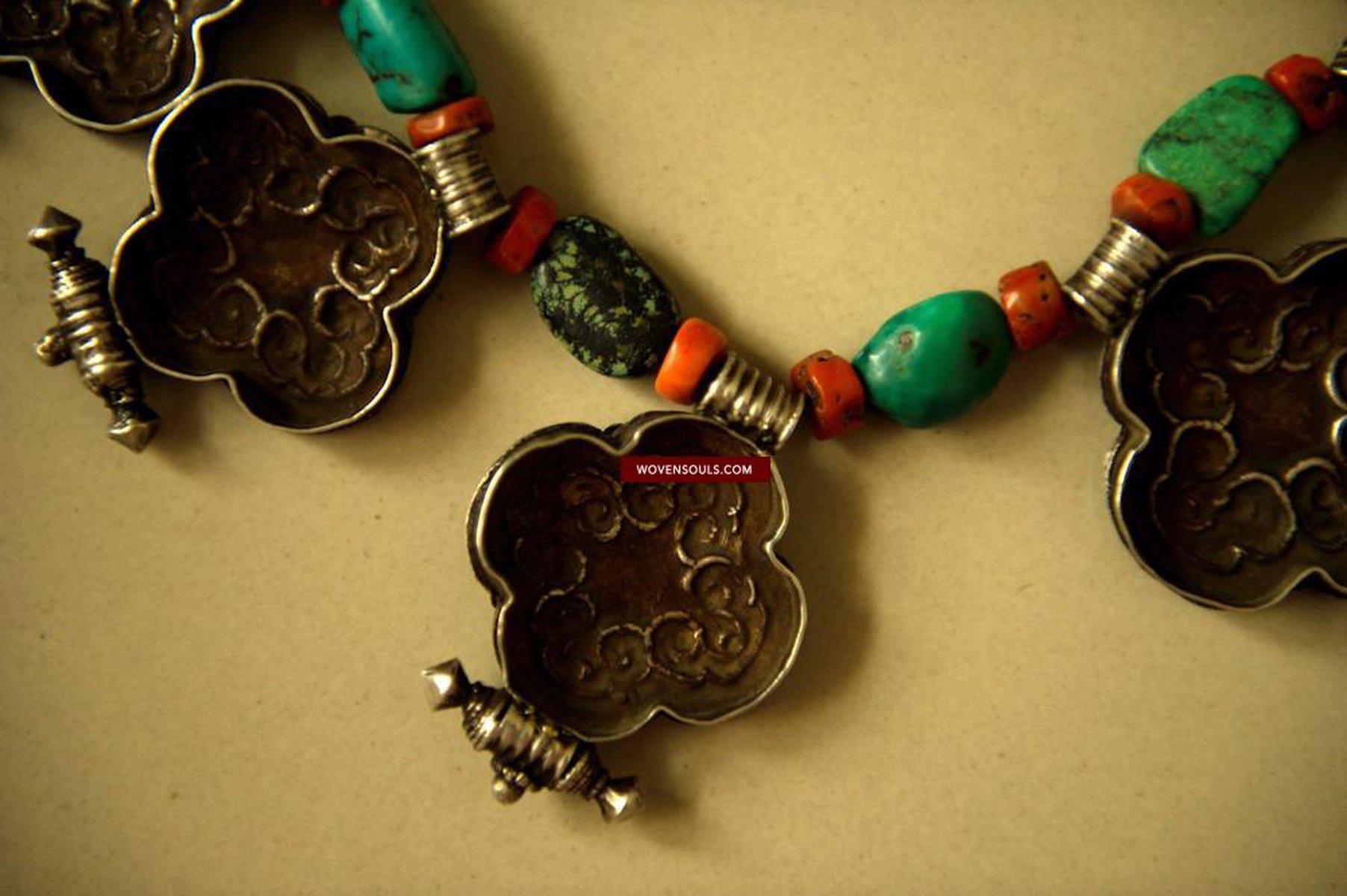 487 Heirloom, Coral, Silver & Turquoise Tibet Necklace-WOVENSOULS-Antique-Vintage-Textiles-Art-Decor
