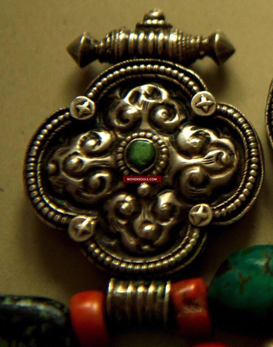 487 Heirloom, Coral, Silver & Turquoise Tibet Necklace-WOVENSOULS-Antique-Vintage-Textiles-Art-Decor