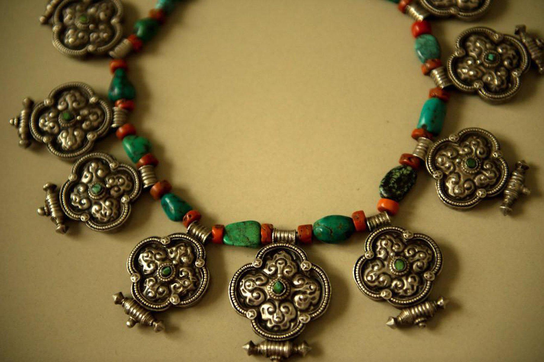 487 Heirloom, Coral, Silver & Turquoise Tibet Necklace-WOVENSOULS-Antique-Vintage-Textiles-Art-Decor