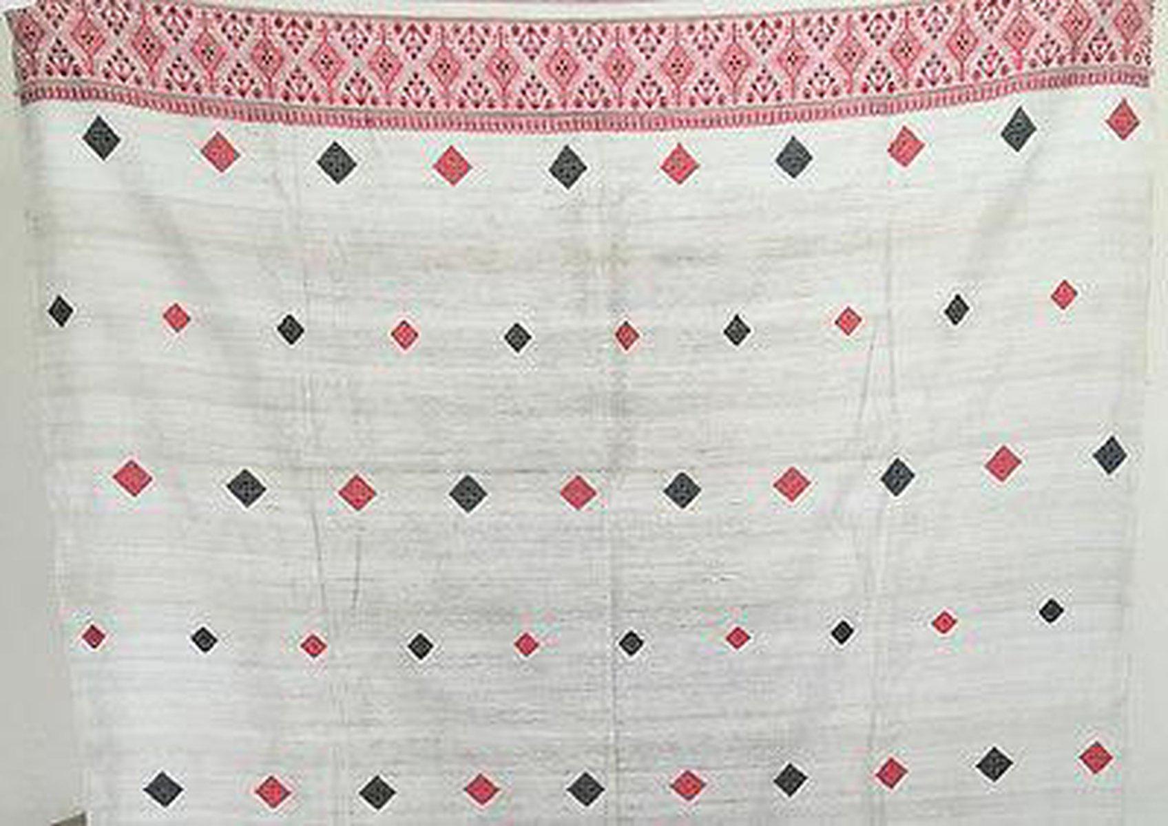 5168 White Handwoven Silk Wrap Shawl Assam-WOVENSOULS-Antique-Vintage-Textiles-Art-Decor