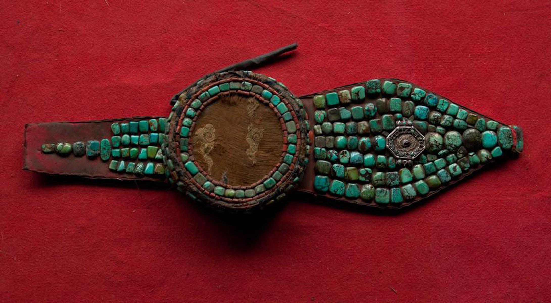 540-A Old Ladakh Mulbeg Perak Headdress with Turquoise-WOVENSOULS-Antique-Vintage-Textiles-Art-Decor