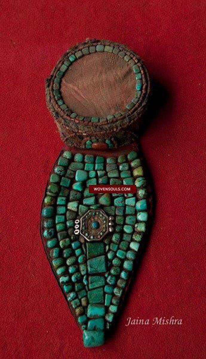 540-A Old Ladakh Mulbeg Perak Headdress with Turquoise-WOVENSOULS-Antique-Vintage-Textiles-Art-Decor