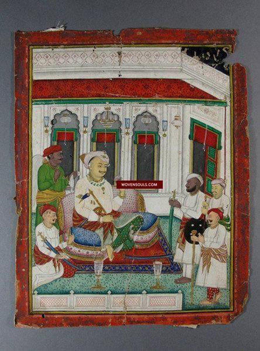 555 Old Indian Miniature Painting - Maharaja in court - Lucknow-WOVENSOULS-Antique-Vintage-Textiles-Art-Decor