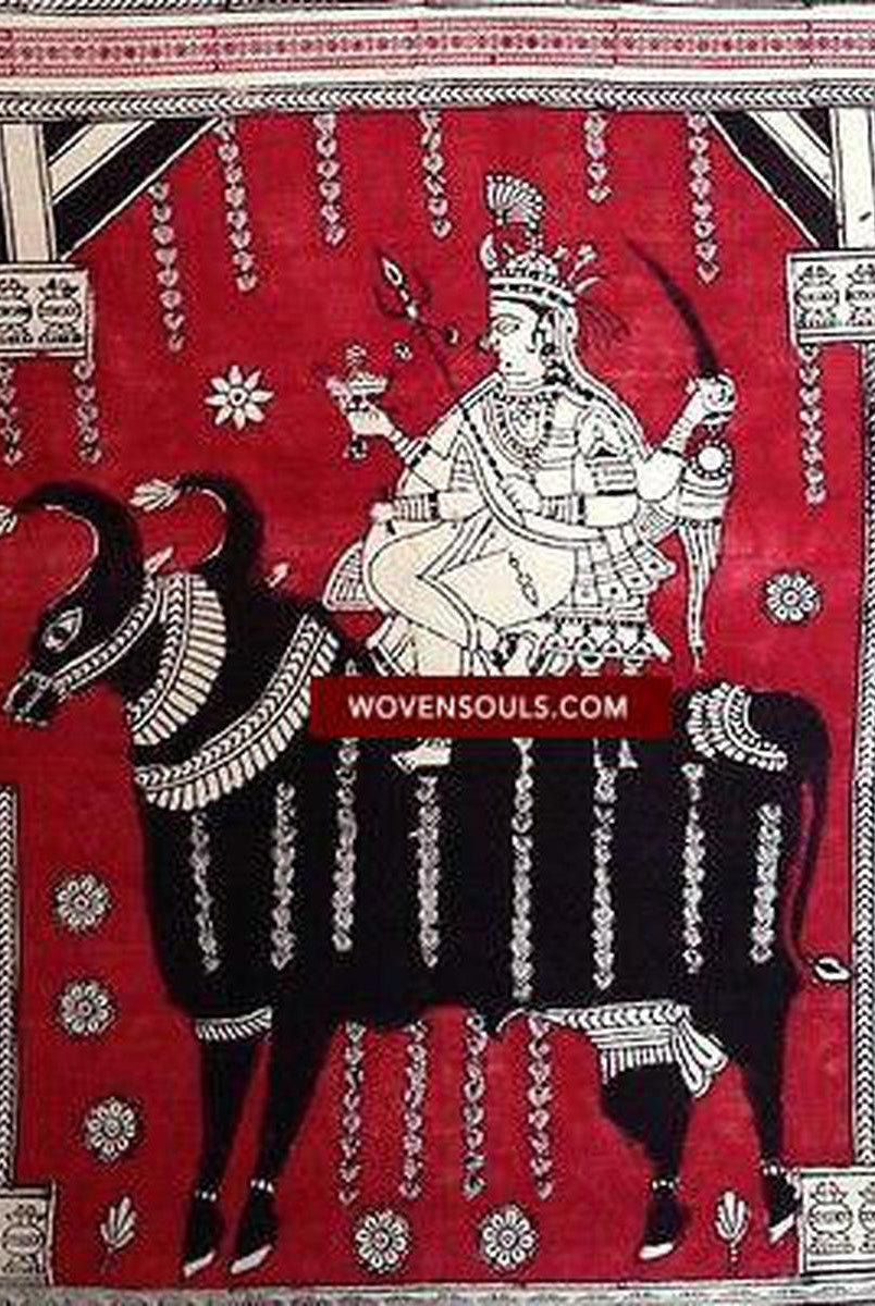 682 Semi-Antique Mata Ni Pachedi Hand Painted Block Printed Kalamkari Textile Art-WOVENSOULS-Antique-Vintage-Textiles-Art-Decor