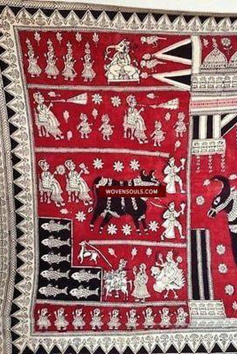 682 Semi-antico Mata Ni Pachedi dipinto a mano blocco stampato Kalamkari Textile Art-WOVENSOULS-Arredamento artistico-tessile-vintage-antico