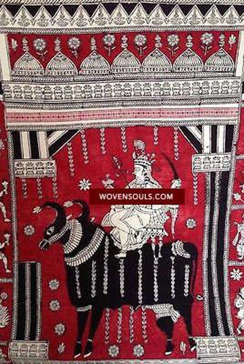 682 Semi-antico Mata Ni Pachedi dipinto a mano blocco stampato Kalamkari Textile Art-WOVENSOULS-Arredamento artistico-tessile-vintage-antico