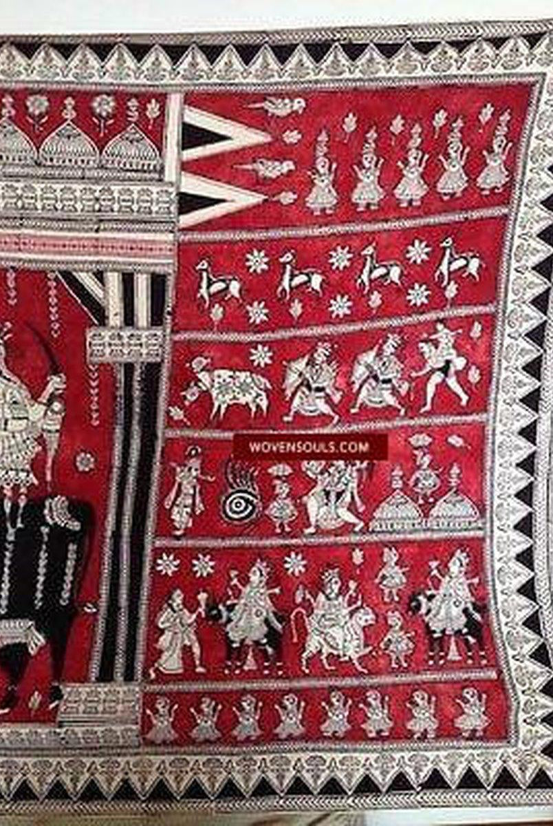 682 Semi-antico Mata Ni Pachedi dipinto a mano blocco stampato Kalamkari Textile Art-WOVENSOULS-Arredamento artistico-tessile-vintage-antico