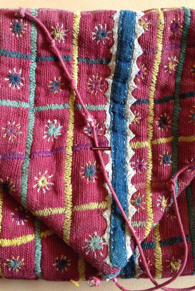 759 Old Banjara Handwoven Cotton Pouch with Embroidery-WOVENSOULS-Antique-Vintage-Textiles-Art-Decor