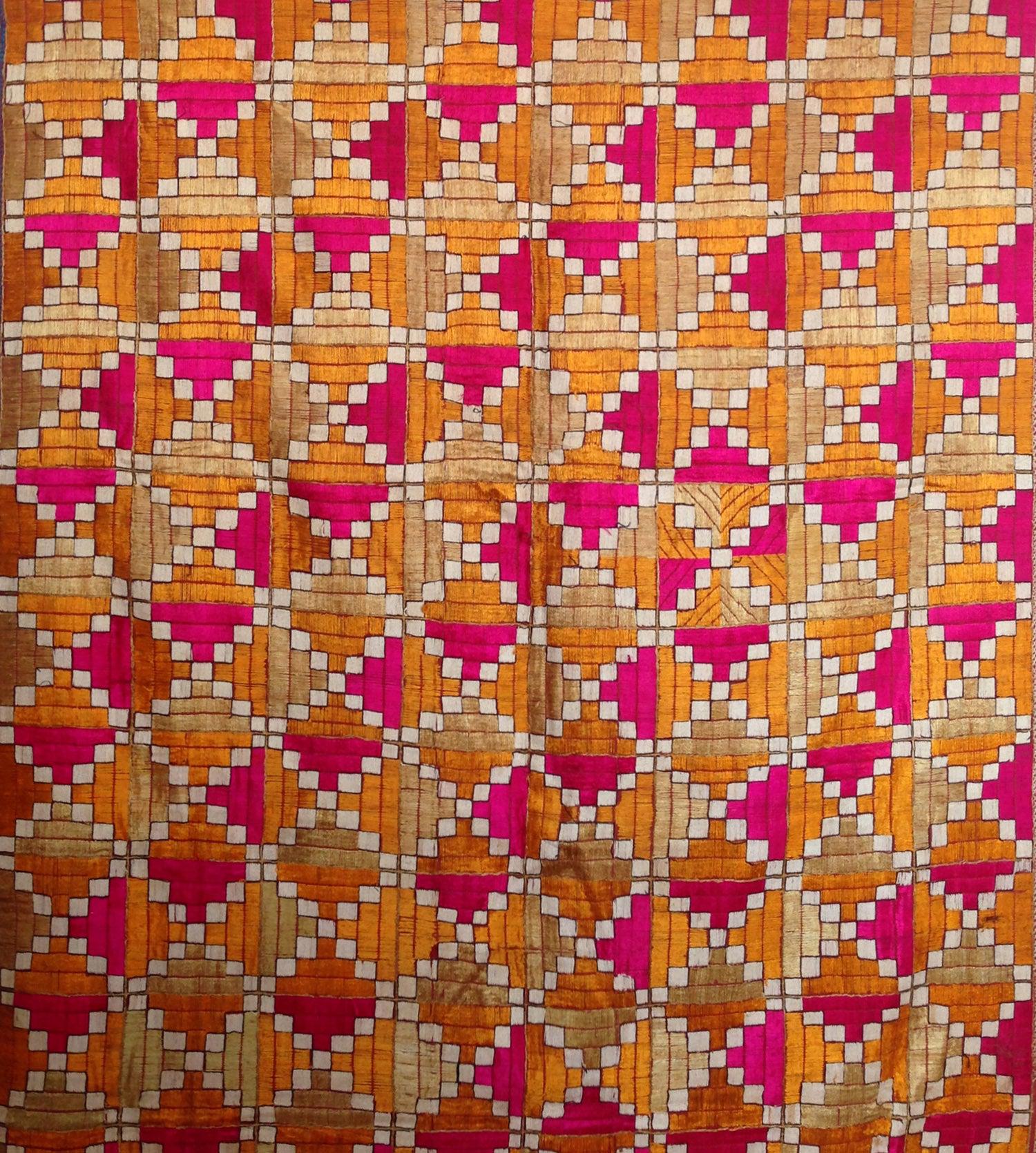 788 Rare Old Cowrie Shell Phulkari Bagh Textile with Blue-WOVENSOULS Antique Textiles & Art Gallery