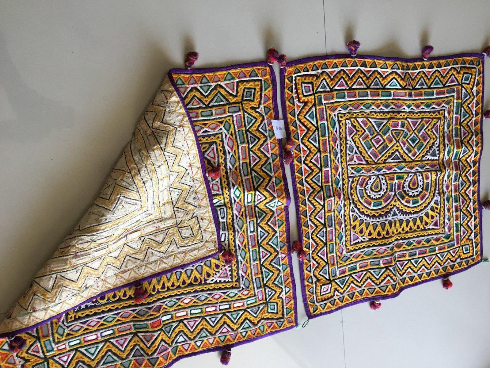 934 Vintage Pair - Rabari Embroidery Wall Decor Textile Art from Gujarat-WOVENSOULS-Antique-Vintage-Textiles-Art-Decor