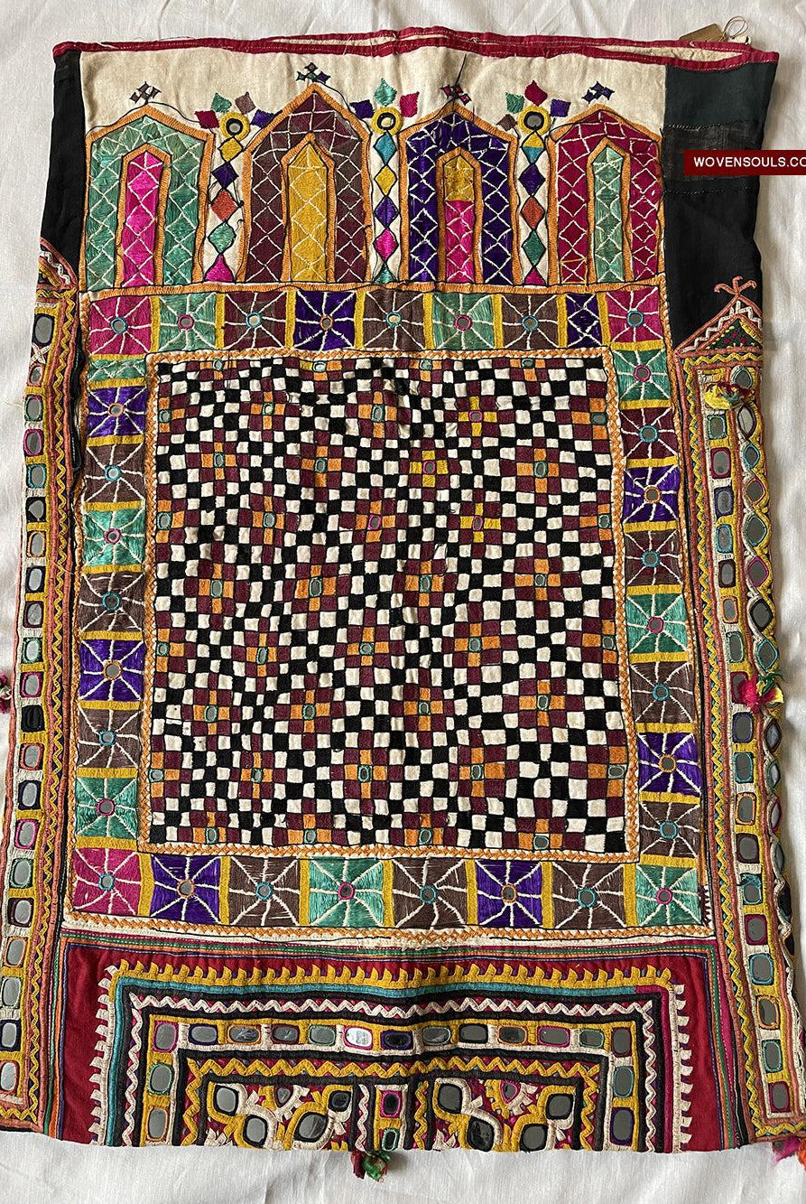 944 Dowry Bag with Checkerboard field and Mirror Embroidery-WOVENSOULS Antique Textiles & Art Gallery