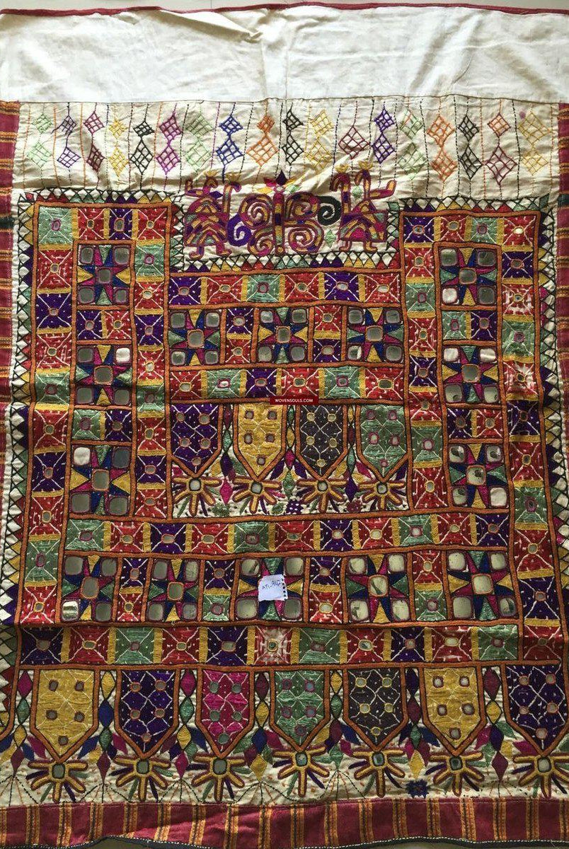 962 Vintage Dhaniyo with Embroidered Butterfly & Maidens, Kutch Gujarat Textile Art-WOVENSOULS-Antique-Vintage-Textiles-Art-Decor