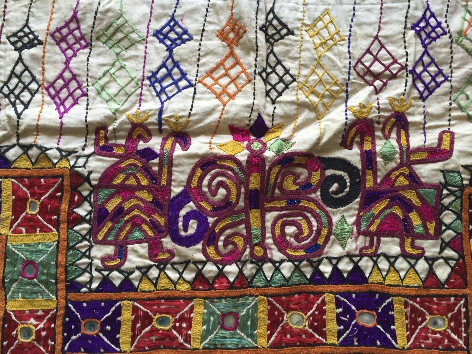 962 Vintage Dhaniyo with Embroidered Butterfly & Maidens, Kutch Gujarat Textile Art-WOVENSOULS-Antique-Vintage-Textiles-Art-Decor