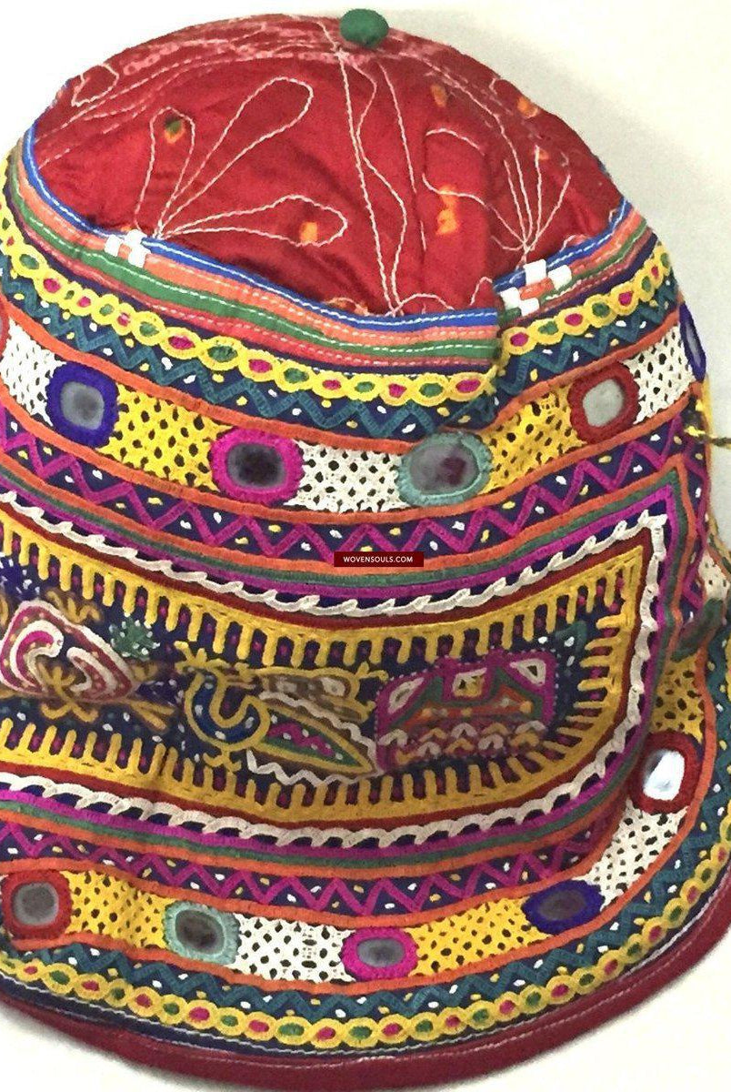 990 Vintage Tribal Child's Cap with Embroidery - Kutch region-WOVENSOULS-Antique-Vintage-Textiles-Art-Decor