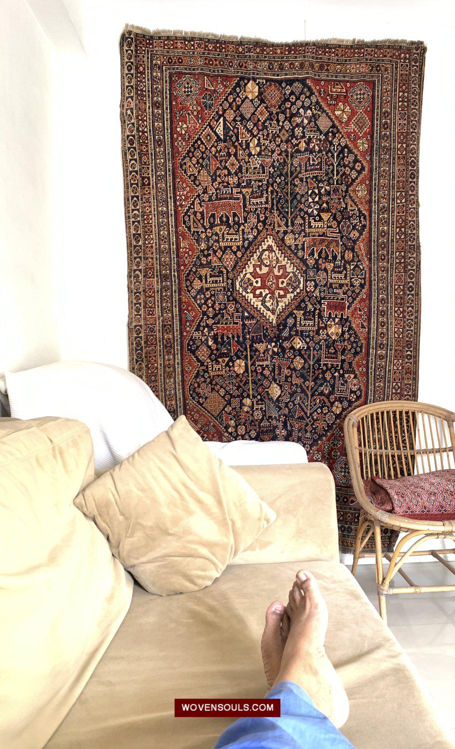 999 Antique Qashqai Tribal Rug with Shekarlu Influence - NFS-WOVENSOULS Antique Textiles & Art Gallery