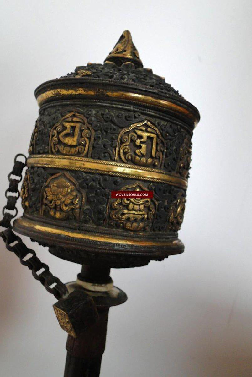 SOLD Antique Tibet Prayer Wheel with Gold Accents-WOVENSOULS-Antique-Vintage-Textiles-Art-Decor