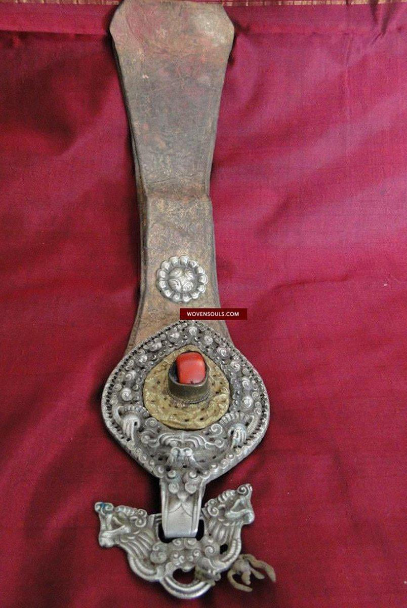 SOLD Antique Tibet Silver Ornament on Leather Belt Hanger-WOVENSOULS-Antique-Vintage-Textiles-Art-Decor