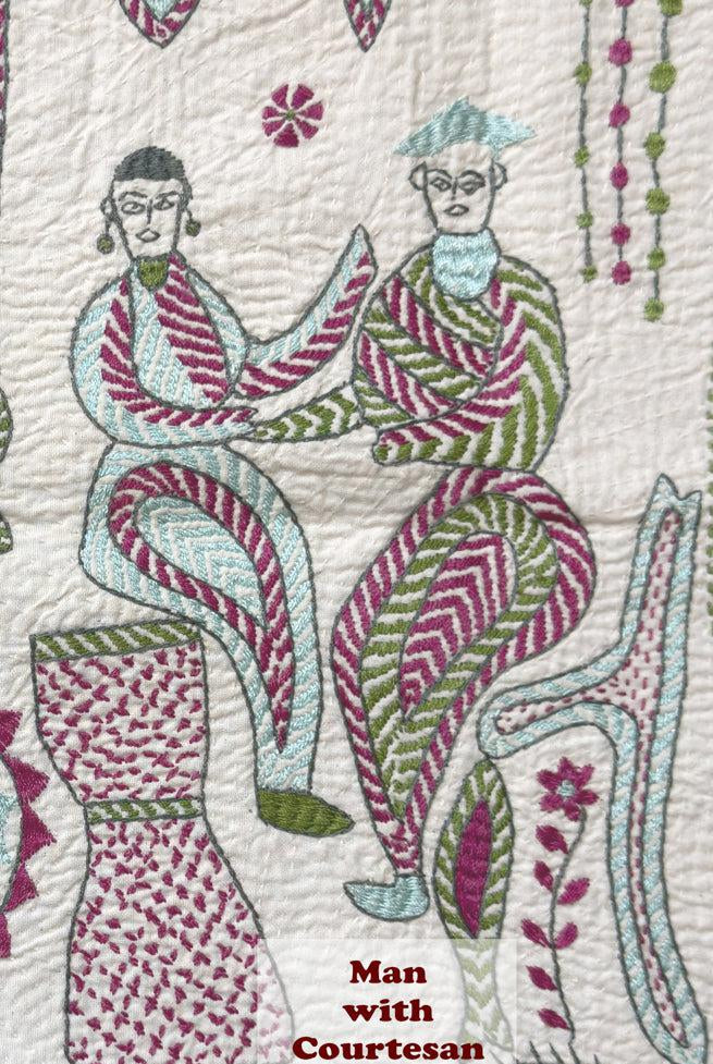 Vintage Figurative Bengal Nakshi Kantha - Courtesan Scene