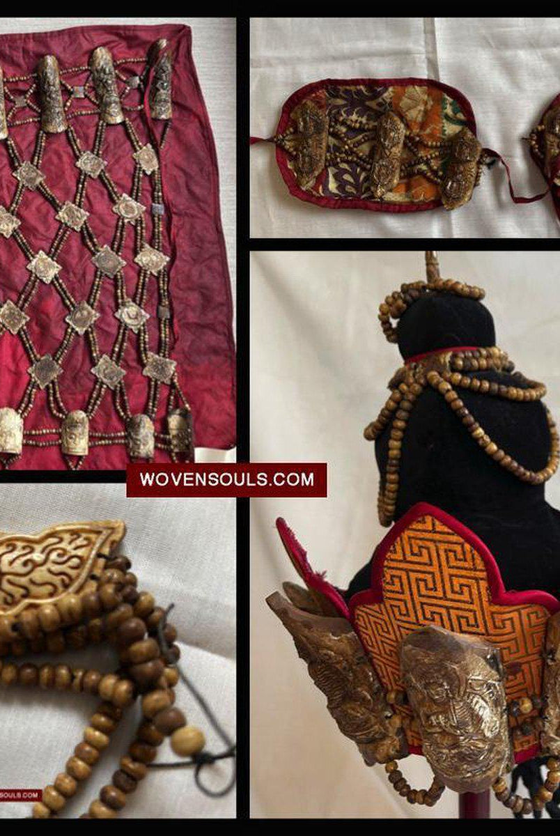 1015 Set - Antique Tantric Buddhist Head Priest's Ceremonial Costume - Carved Bone-WOVENSOULS-Antique-Vintage-Textiles-Art-Decor
