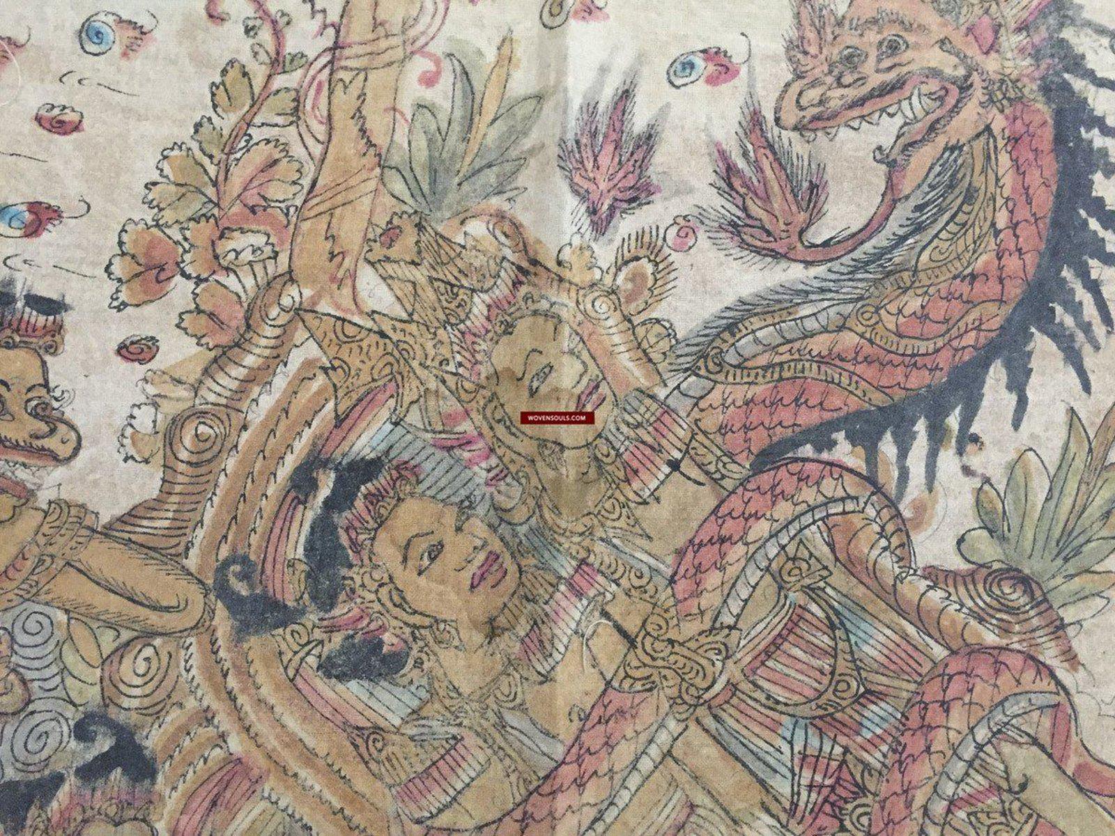 1018 Antique Kamasan Balinese Folk Painting of Ramayan - Intriguing Scene-WOVENSOULS-Antique-Vintage-Textiles-Art-Decor