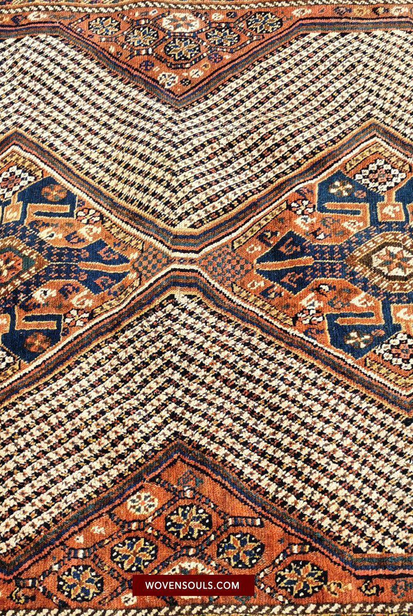 103 VENDU Tapis Qashqai Nieriz - Treillis étoilé et champ blanc en arête de poisson avec animaux - Galerie 2-WOVENSOULS-Antique-Vintage-Textiles-Art-Décor