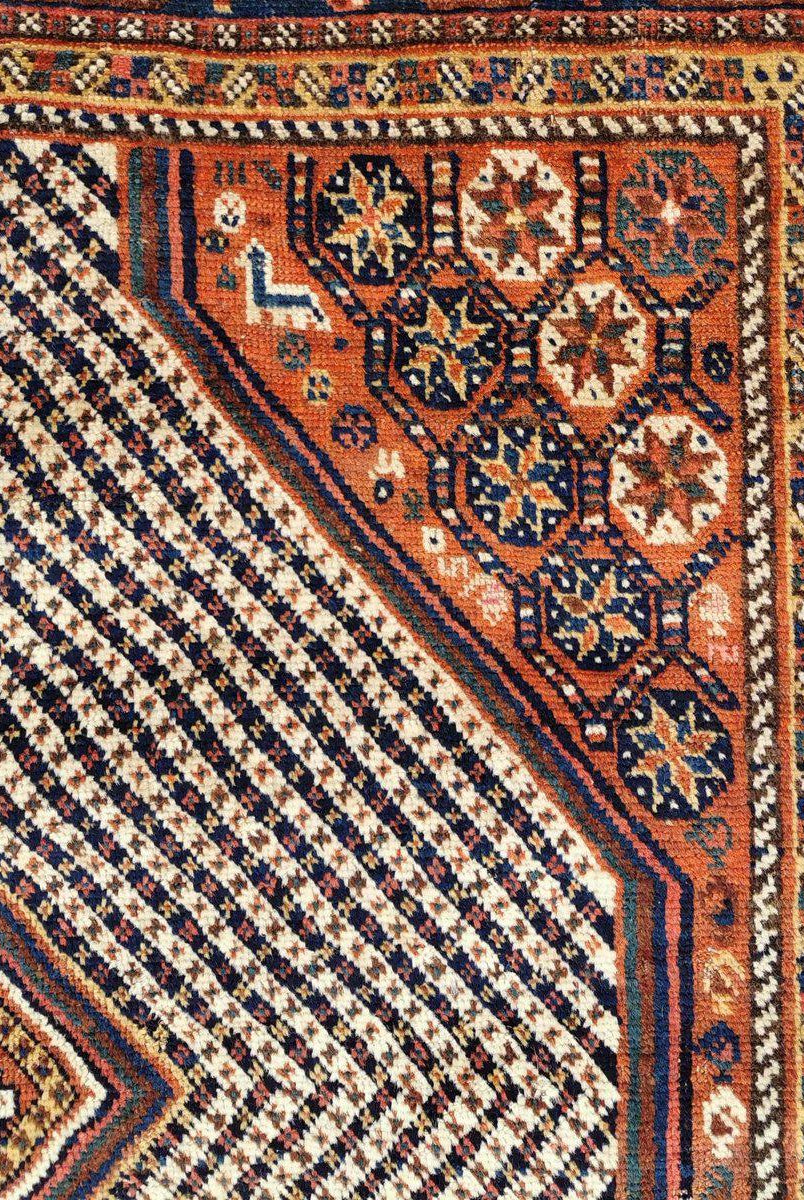 103 SOLD Qashqai Nieriz Rug - Star Lattice & Fishbone White Field with Animals - Gallery 2-WOVENSOULS-Antique-Vintage-Textiles-Art-Decor