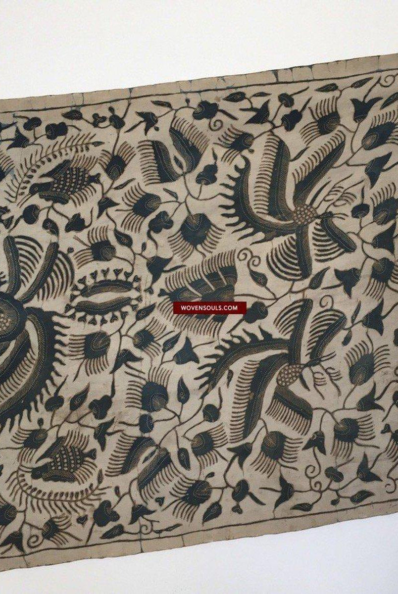 1033 Antique Java Batik Art on Silk Shawl Stole-WOVENSOULS-Antique-Vintage-Textiles-Art-Decor