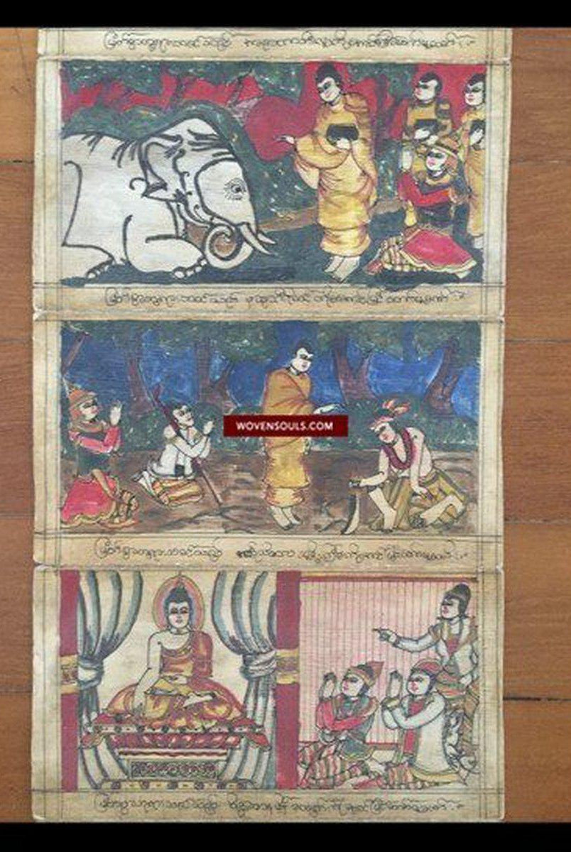1037 SOLD Vintage Myanmar Buddhist Folk Manuscript with Paintings-WOVENSOULS-Antique-Vintage-Textiles-Art-Decor