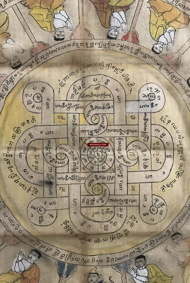 1044 Rare Unusual Antique Myanmar Mandala Spirit Cloth Painting - Astrological Calendar-WOVENSOULS-Antique-Vintage-Textiles-Art-Decor