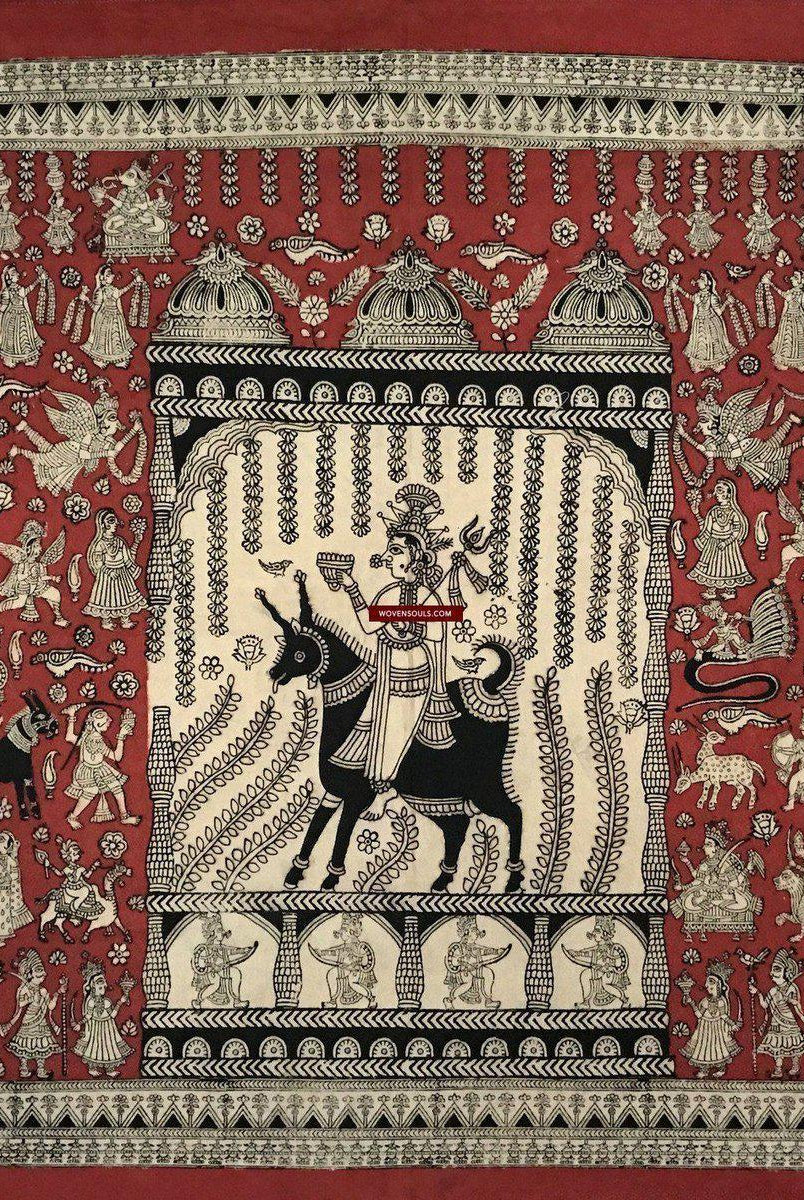 1055 Red Mata Ni Pachedi Kalamkari Painting-WOVENSOULS-Antique-Vintage-Textiles-Art-Decor
