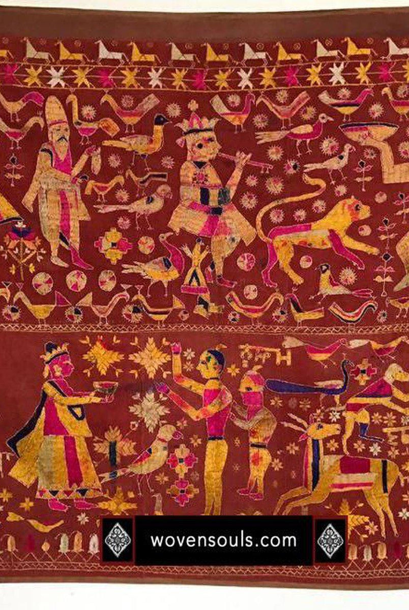1077 Old Figurative Phulkari Temple Hanging Punjab with Inscription in Gurmukhi-WOVENSOULS-Antique-Vintage-Textiles-Art-Decor
