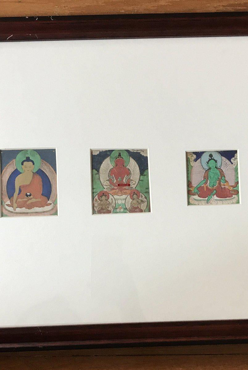 1100-A SOLD Framed Set of 3 Antique Miniature Thangka Burhany Zurag Mongolia-WOVENSOULS-Antique-Vintage-Textiles-Art-Decor