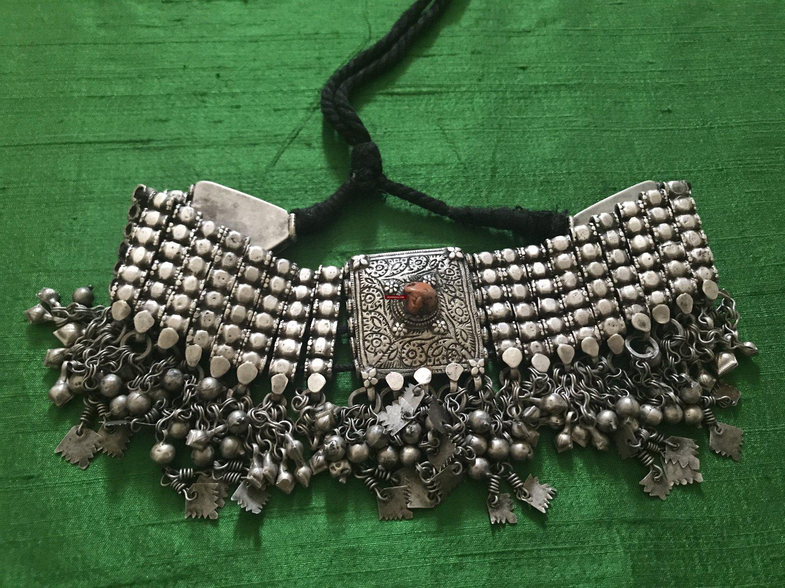 1108 SOLD - Old Coral & Silver Neck Collar Jewelry-WOVENSOULS-Antique-Vintage-Textiles-Art-Decor