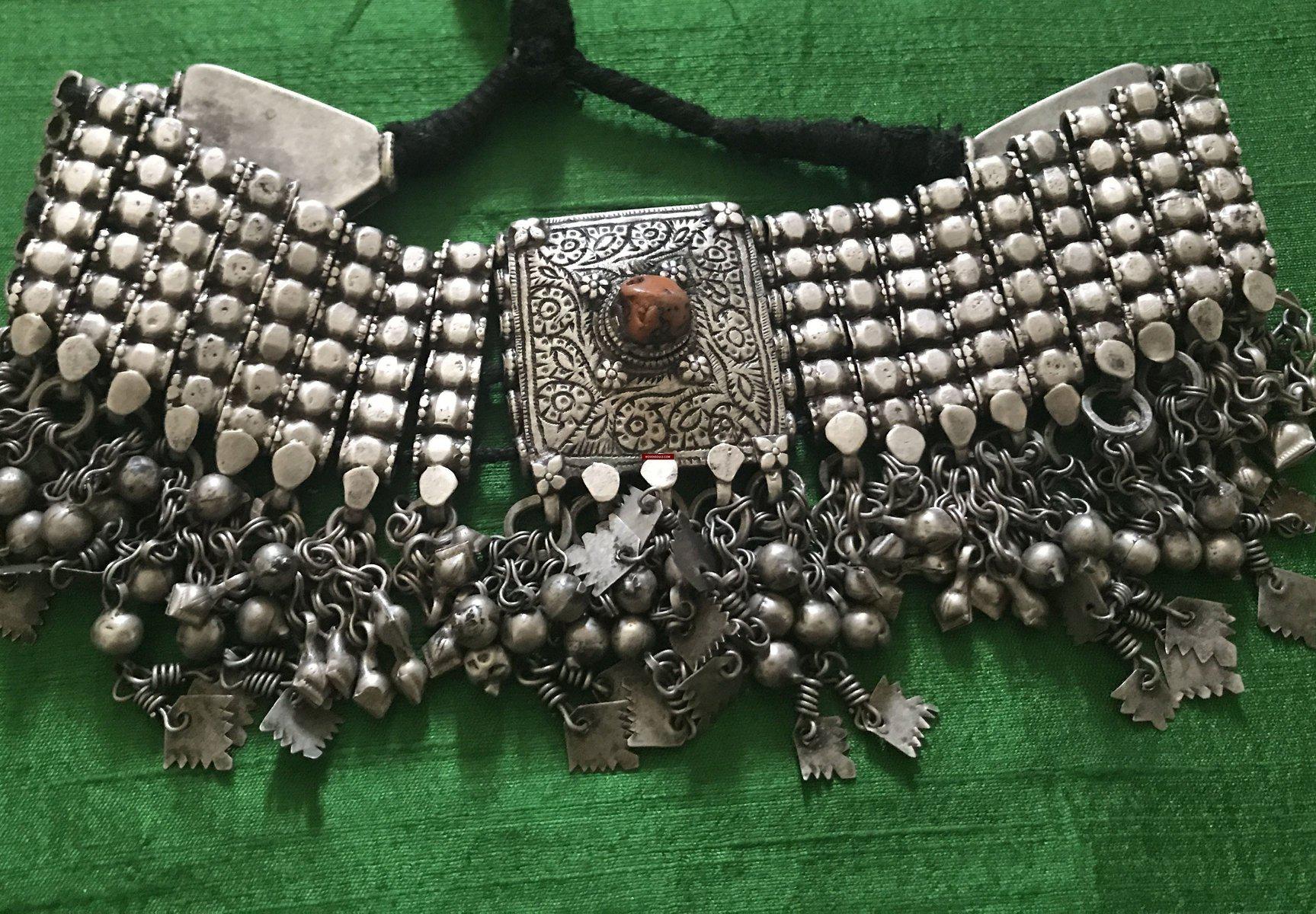 1108 SOLD - Old Coral & Silver Neck Collar Jewelry-WOVENSOULS-Antique-Vintage-Textiles-Art-Decor