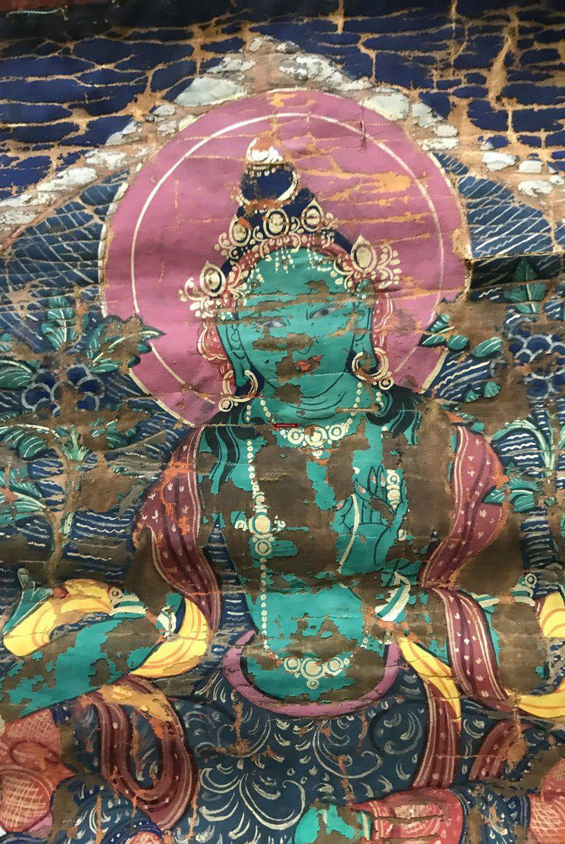 1112 Antique Buddhist Thangka Painting Art, Mongolia-WOVENSOULS-Antique-Vintage-Textiles-Art-Decor