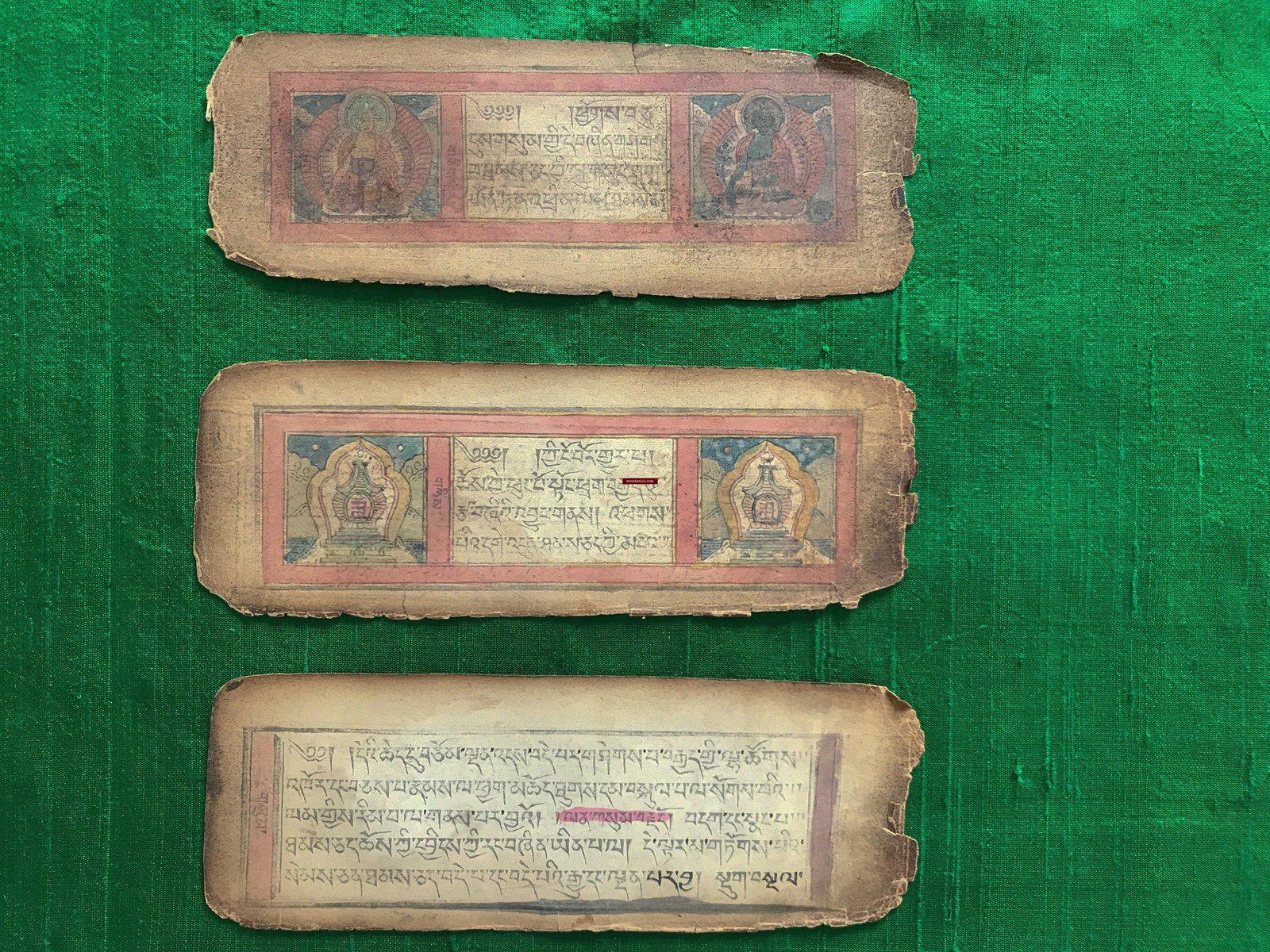 1116 Antique Tibetan Wood Block Printed Manuscript with Hand colored figures-WOVENSOULS-Antique-Vintage-Textiles-Art-Decor