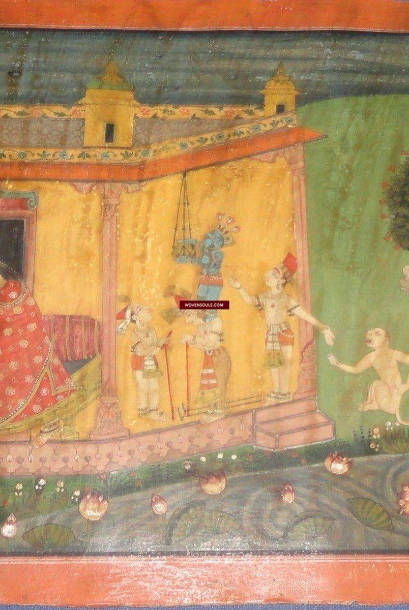 1140 SOLD Illuminated Indian Miniature Painting - Krishna Stealing Butter SOLD-WOVENSOULS-Antique-Vintage-Textiles-Art-Decor