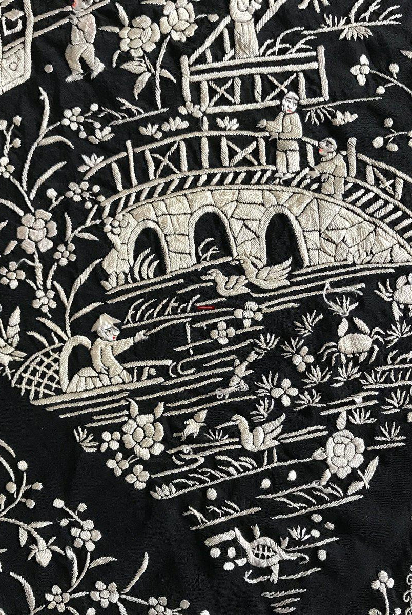 1141 Antique Double Sided Embroidery Manila Manton - Cantonese Embroidery with Lifestyle Scenes-WOVENSOULS-Antique-Vintage-Textiles-Art-Decor