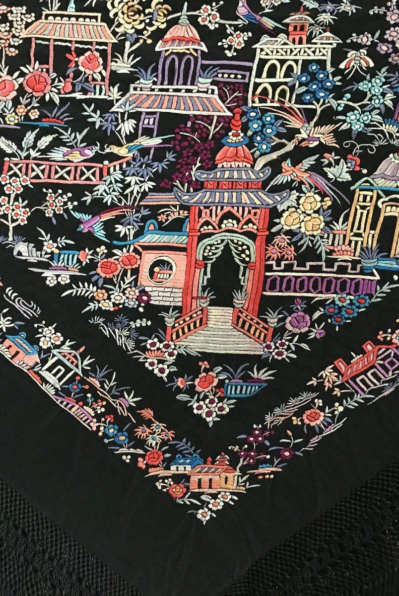 1142 Ricamo bifacciale antico Manila Manton - Ricamo cantonese con santuari-WOVENSOULS-Arredamento artistico-tessile-vintage-antico