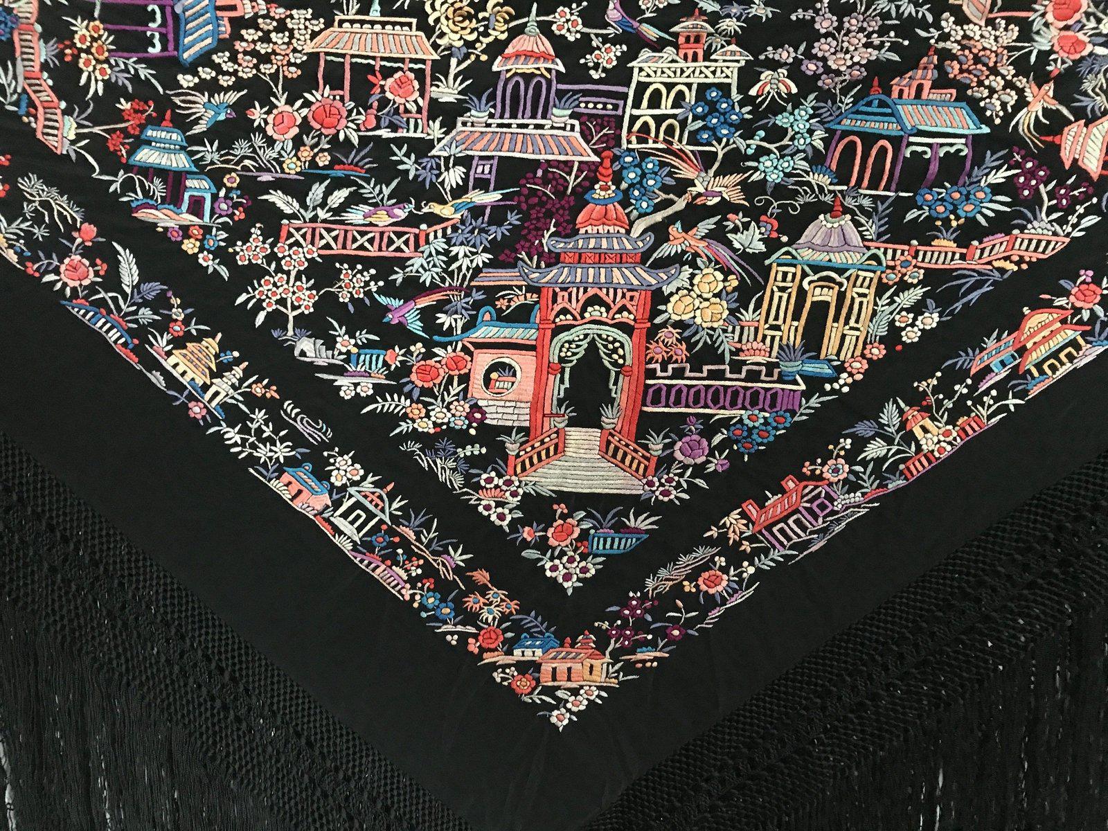 1142 Ricamo bifacciale antico Manila Manton - Ricamo cantonese con santuari-WOVENSOULS-Arredamento artistico-tessile-vintage-antico
