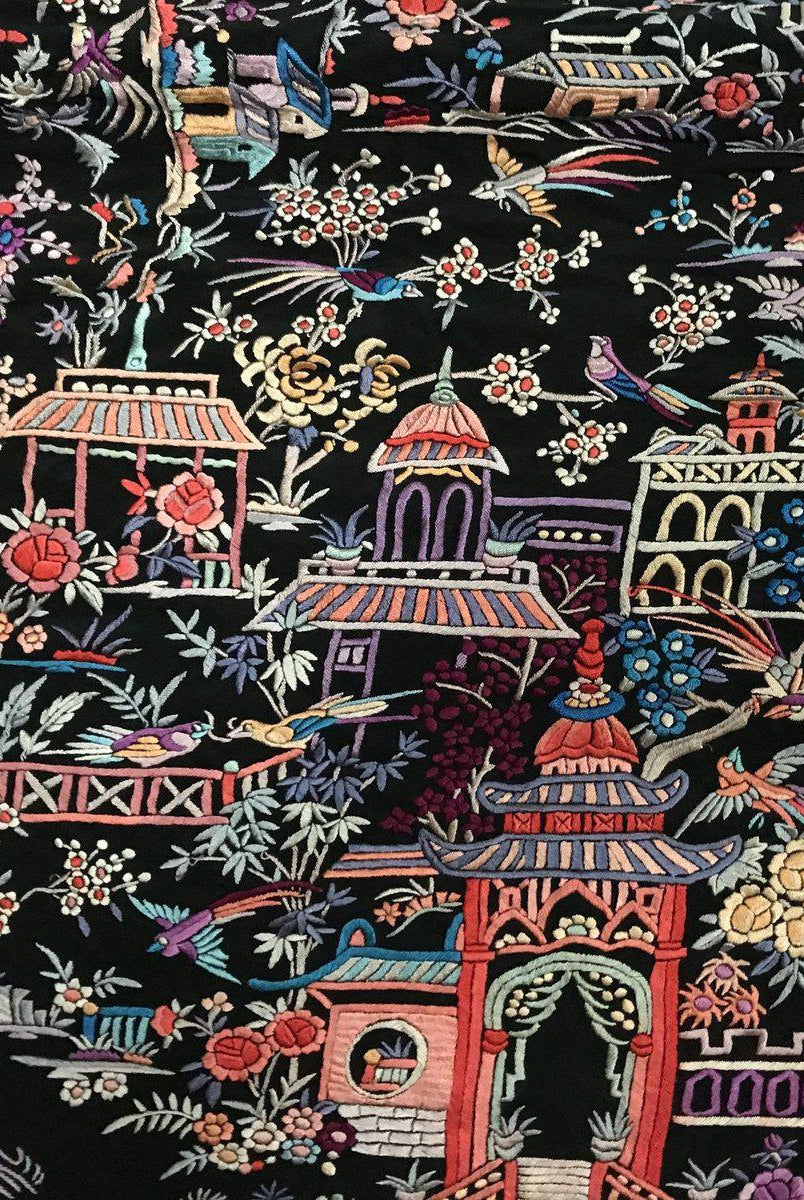 1142 Antique Double Sided Embroidery Manila Manton - Cantonese Embroidery with Shrines-WOVENSOULS-Antique-Vintage-Textiles-Art-Decor