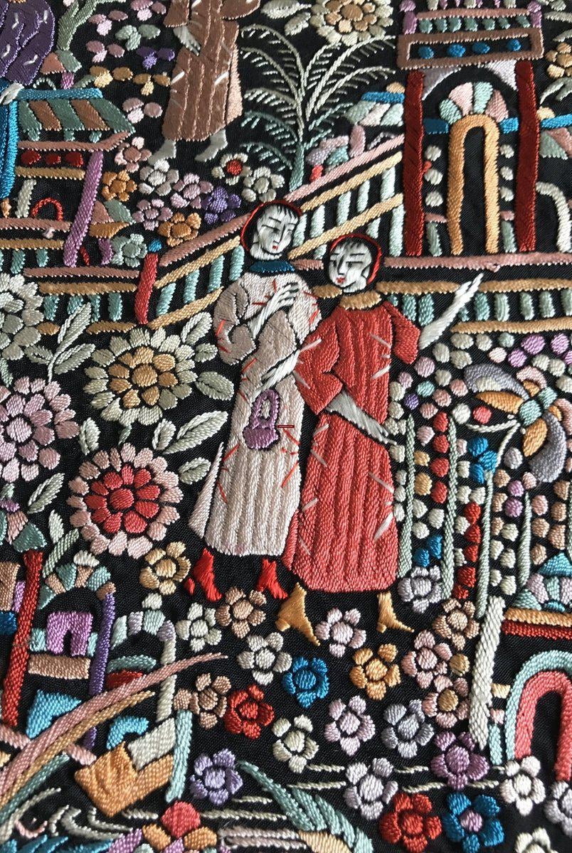 1143 Antique Double Sided Embroidery Manila Manton - Cantonese Embroidery Shawl - No Fringe-WOVENSOULS-Antique-Vintage-Textiles-Art-Decor