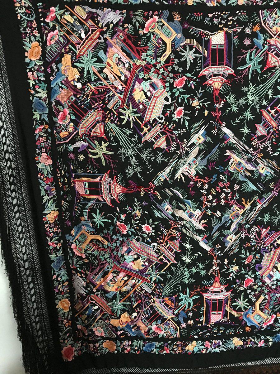 1145 Antique Double Sided Embroidery Manila Manton - Cantonese Embroidery-WOVENSOULS-Antique-Vintage-Textiles-Art-Decor