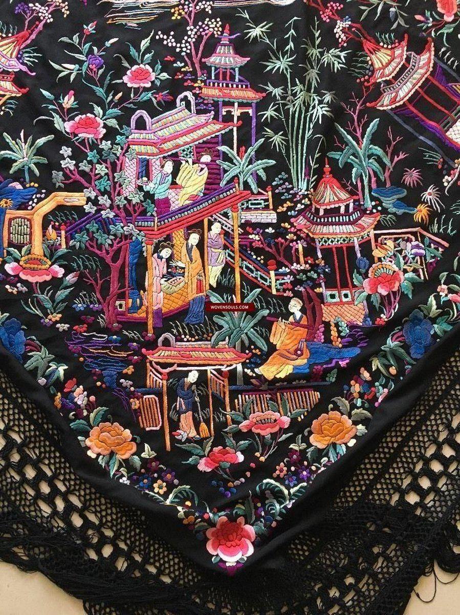 1145 Ricamo bifacciale antico Manila Manton - Ricamo cantonese-WOVENSOULS-Arredamento artistico-tessile-vintage-antico